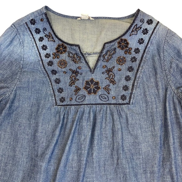 Cato Boho Peasant Blouse Beaded & Embroidered Blouse Dark Wash Roll Tab M - Picture 4 of 16